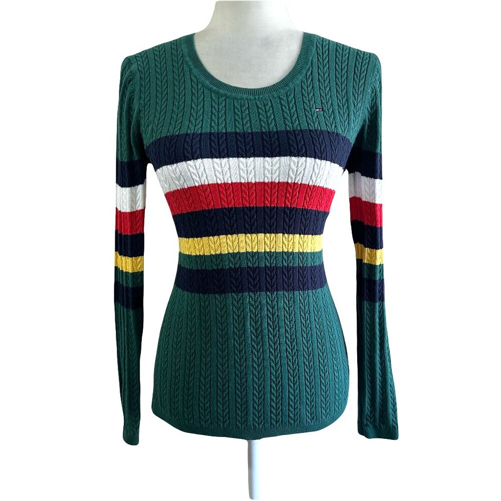 Tommy Hilfiger Vtg Y2K 2000s Green Cable Preppy Sweater